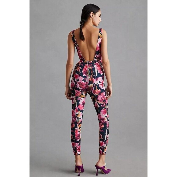 By Anthropologie Floral Sweetheart Jumpsuit Bold V Neck Skinny Leg Party Size XS - Picture 3 of 11